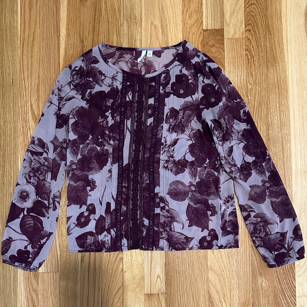 Frenchi Purple Floral Lace Detail Sheer Top